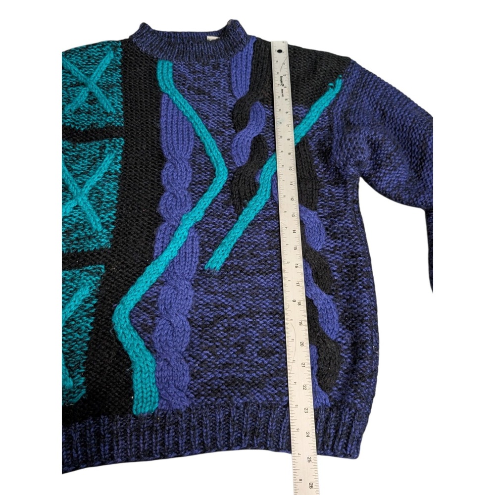 Vintage 80s City Streets Purple Aqua Black Cable Knit Sweater Small Retro Mock - Picture 6 of 8